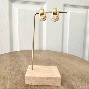 Trifari Vintage 80s Gold White Enamel Interlocking Circle Hanging Stud Earrings